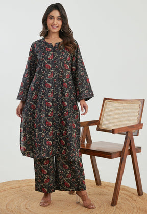 Black Floral Cotton Lurex Co - ord Set - Tara - C - Tara