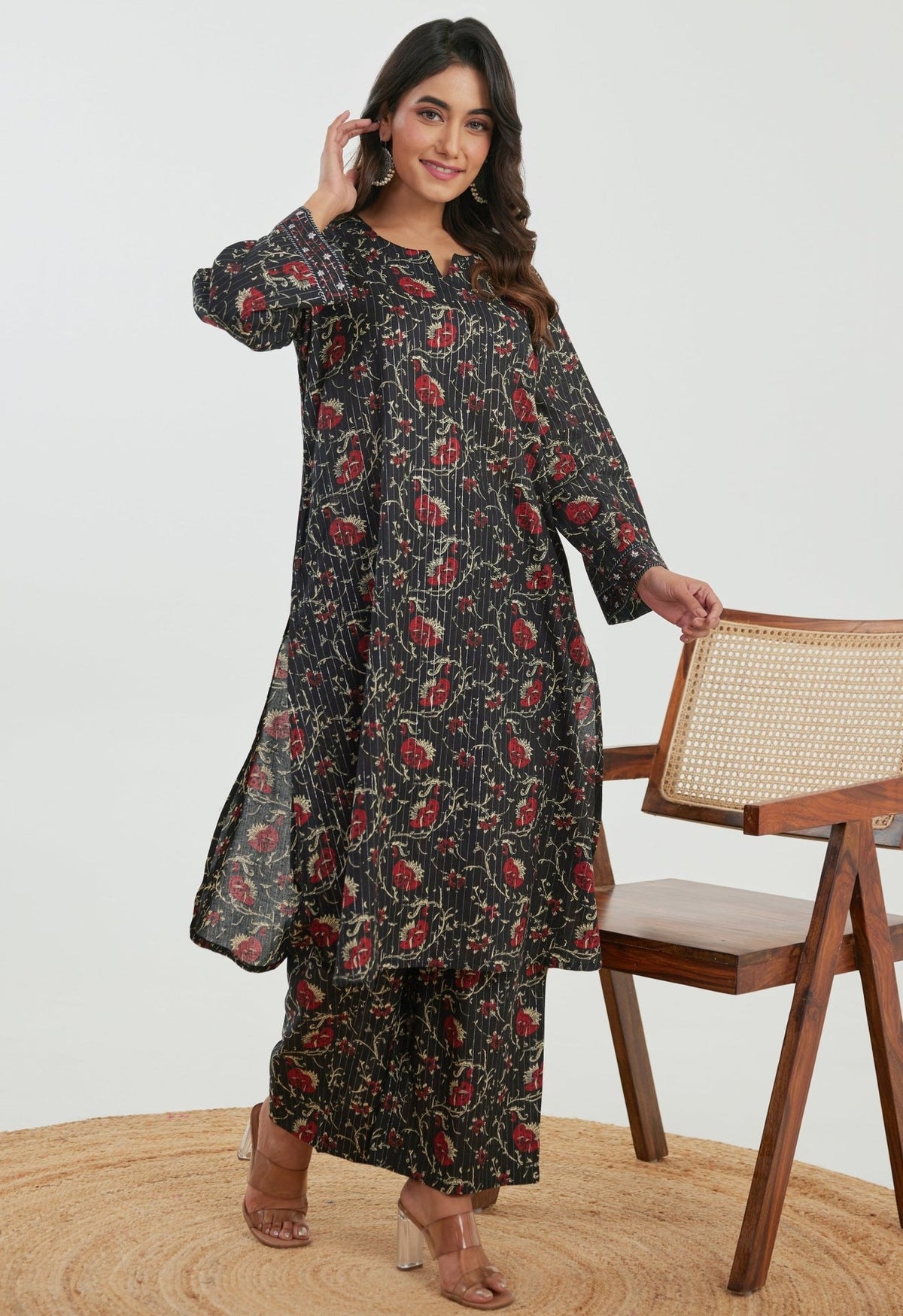 Black Floral Cotton Lurex Co - ord Set - Tara - C - Tara