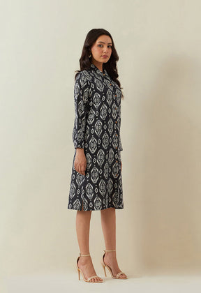 BLACK HAND BLOCK PRINTED KANTHA SHIRT DRESS - Tara - C - Tara