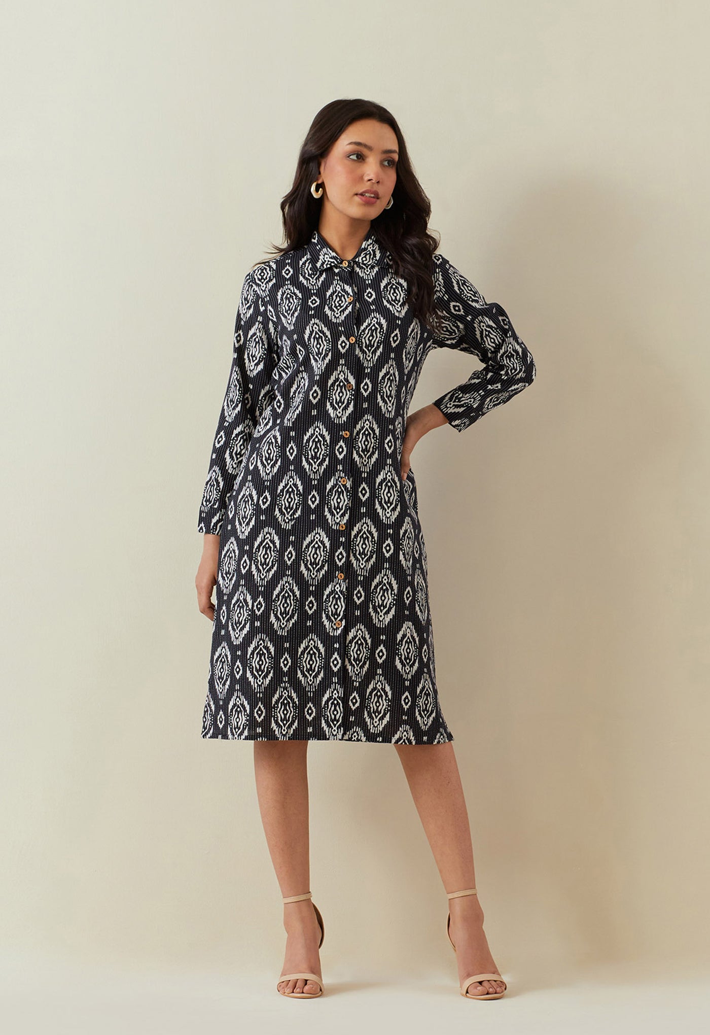 BLACK HAND BLOCK PRINTED KANTHA SHIRT DRESS - Tara - C - Tara