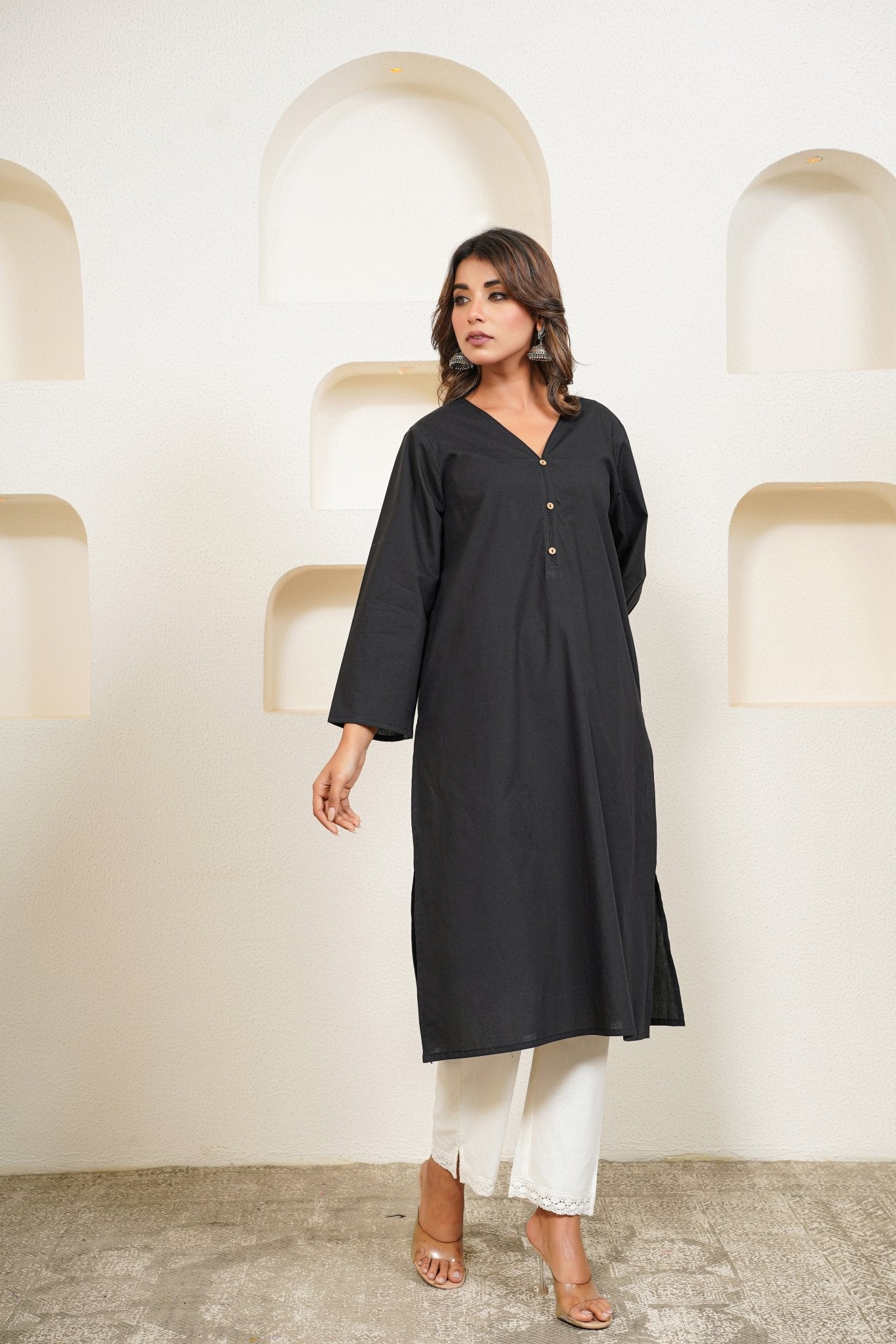 Black Premium Cotton Long Kurta - Tara - C - Tara