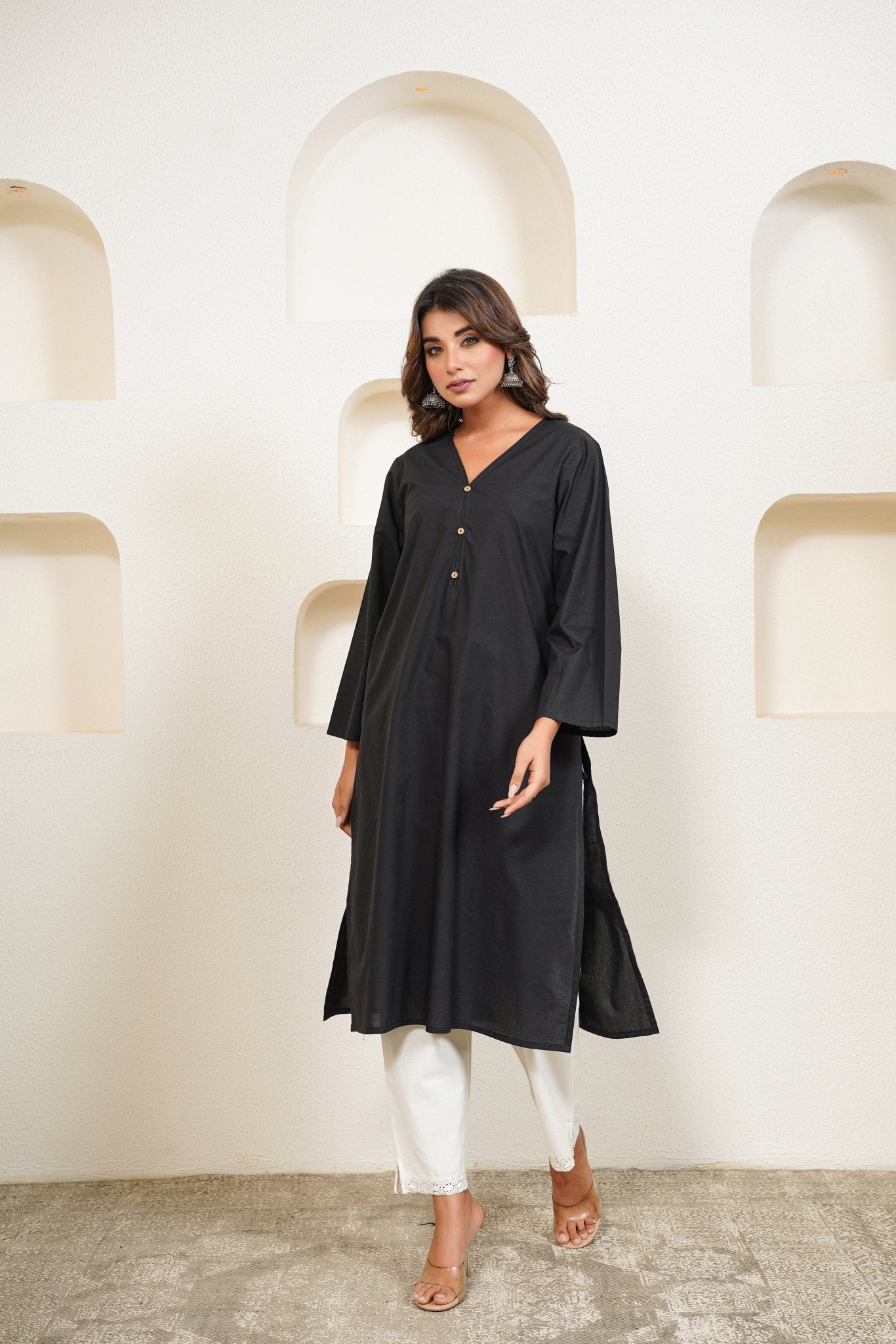 Black Premium Cotton Long Kurta - Tara - C - Tara