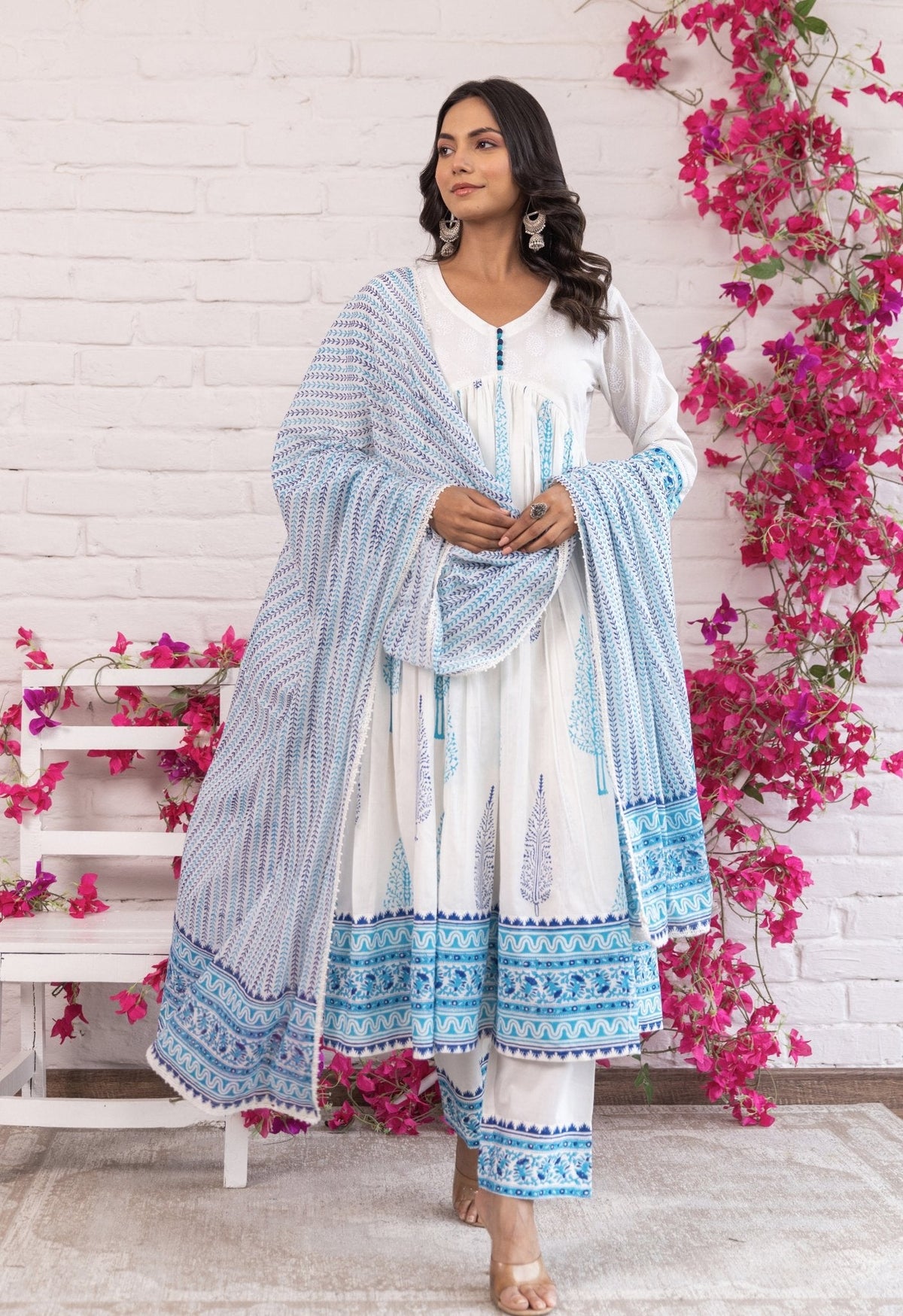 BLUE AND TURQUOISE HAND BLOCK PRINTED GATHERED ANARAKLI WITH DORIYA AND BOTTOMS - Tara - C - Tara