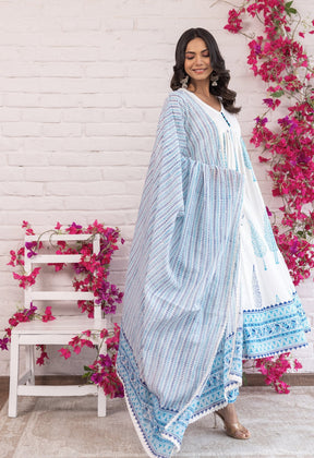 BLUE AND TURQUOISE HAND BLOCK PRINTED GATHERED ANARAKLI WITH DORIYA AND BOTTOMS - Tara - C - Tara