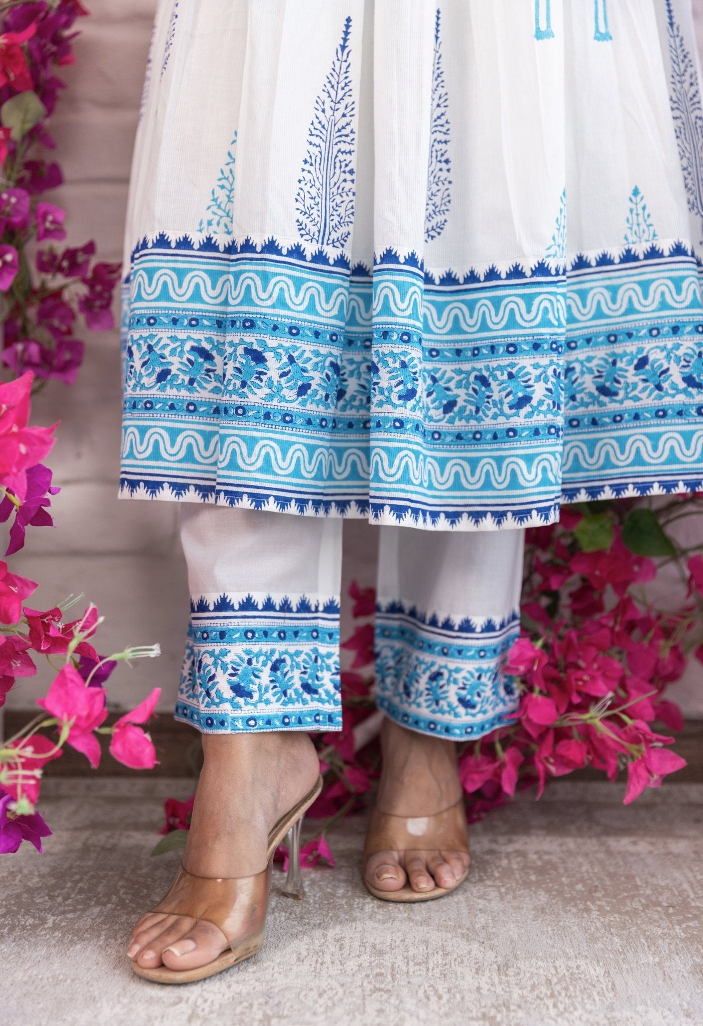 BLUE AND TURQUOISE HAND BLOCK PRINTED GATHERED ANARAKLI WITH DORIYA AND BOTTOMS - Tara - C - Tara