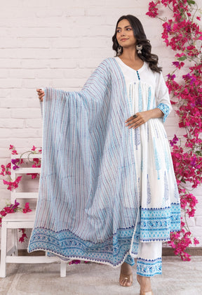 BLUE AND TURQUOISE HAND BLOCK PRINTED GATHERED ANARAKLI WITH DORIYA AND BOTTOMS - Tara - C - Tara