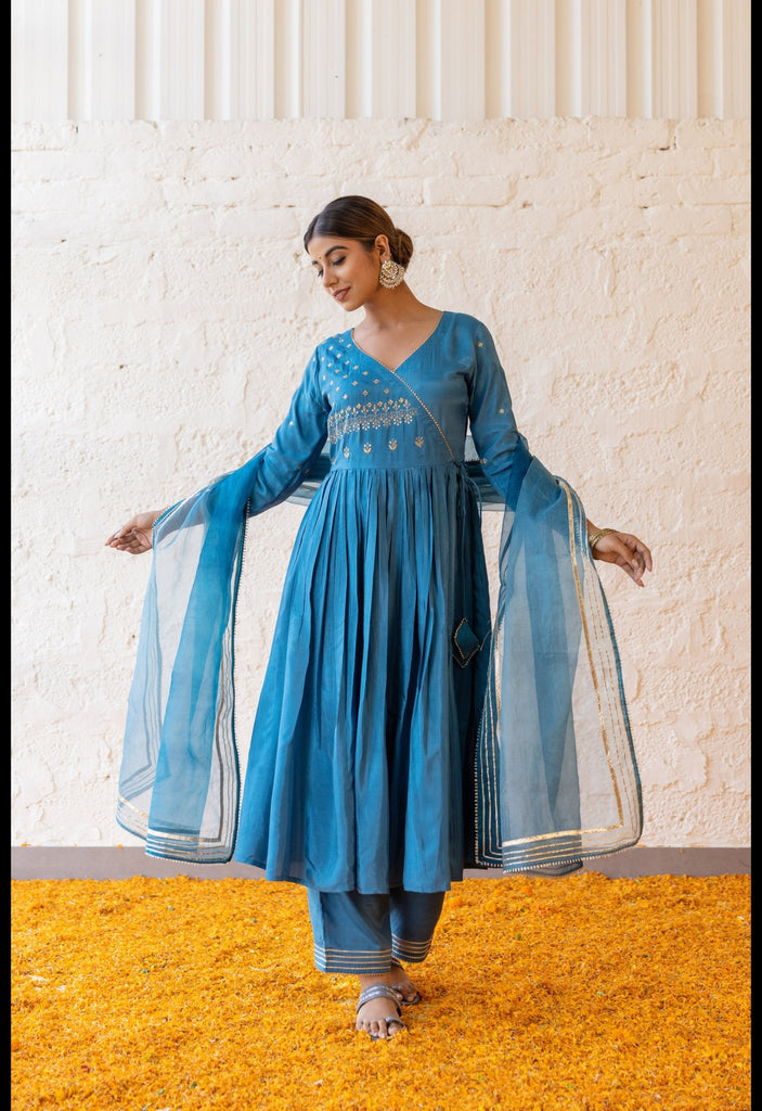 Blue Art Silk Embroidered kurta with palazzo and Organza Dupatta (3pc set) - Tara-C-Tara