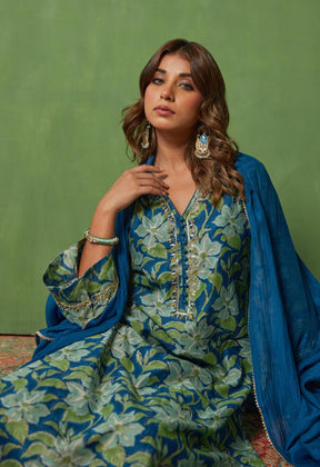 Blue Charm: Hand Block Printed Chanderi Kurta set - Tara - C - Tara