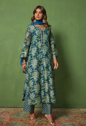 Blue Charm: Hand Block Printed Chanderi Kurta set - Tara - C - Tara