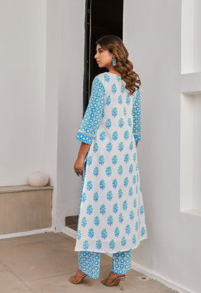 Blue Cotton hand Block Printed Kurta Set With Dupatta - Tara - C - Tara