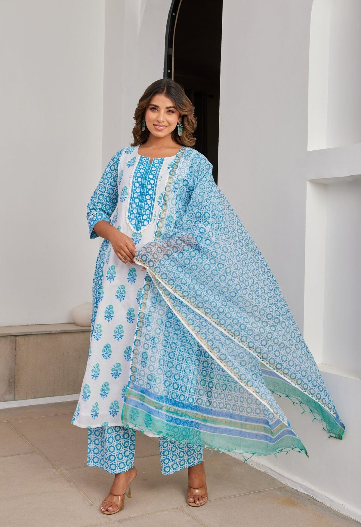 Blue Cotton hand Block Printed Kurta Set With Dupatta - Tara - C - Tara