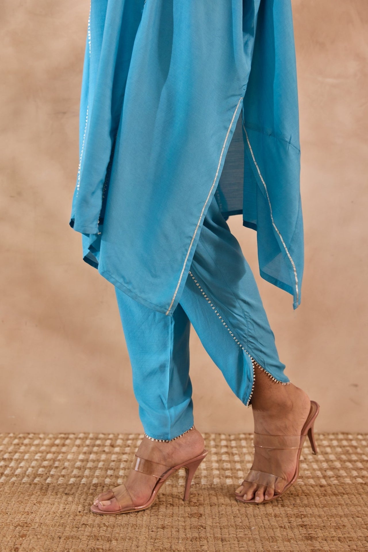 Blue Cotton Silk Embroidered Kaftan Set - Tara - C - Tara