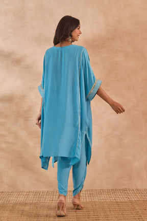 Blue Cotton Silk Embroidered Kaftan Set - Tara - C - Tara