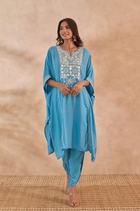 Blue Cotton Silk Embroidered Kaftan Set - Tara - C - Tara