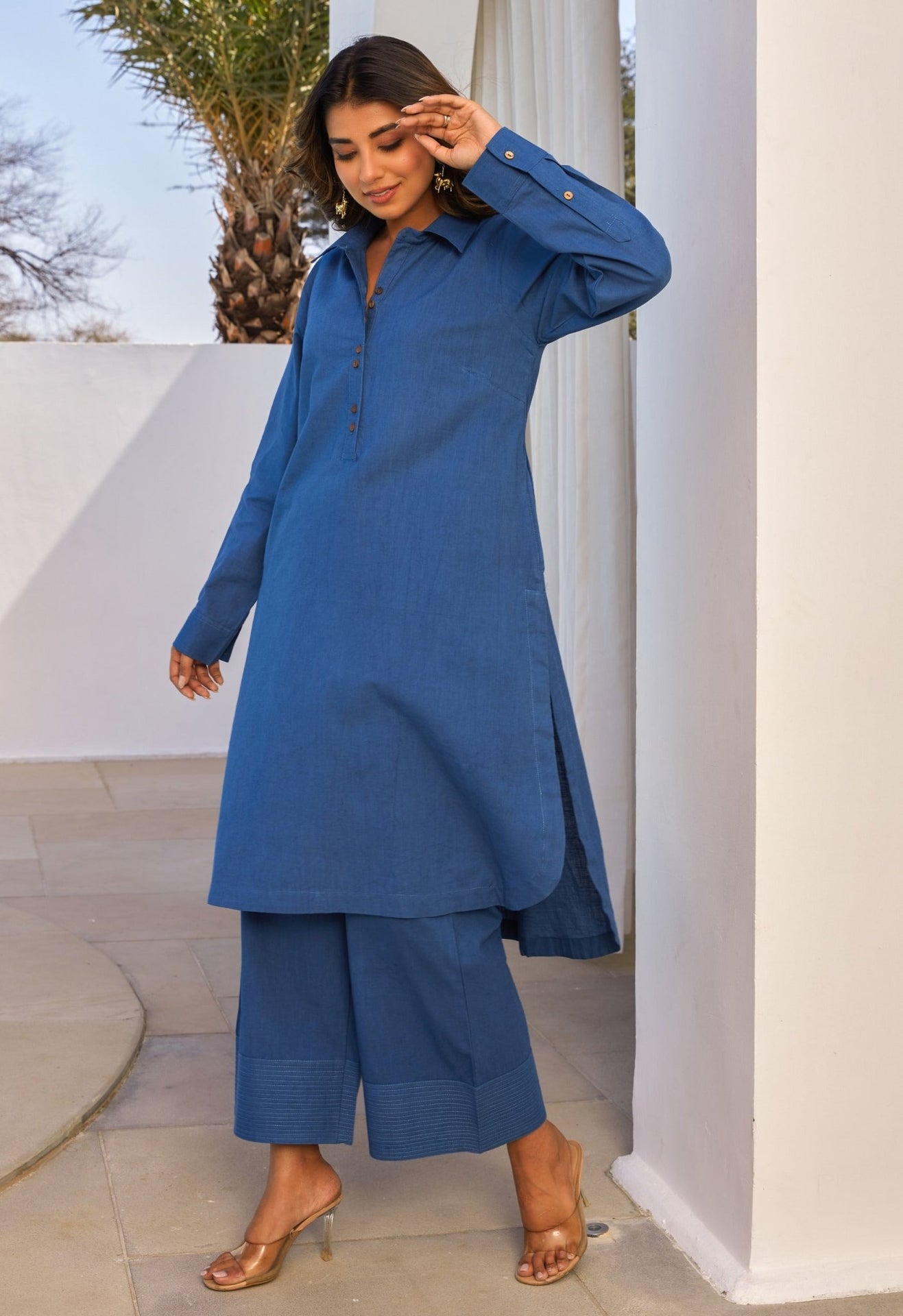 Blue Cotton Slub Solid Coord Set - Tara - C - Tara