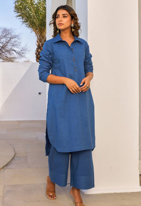 Blue Cotton Slub Solid Coord Set - Tara - C - Tara