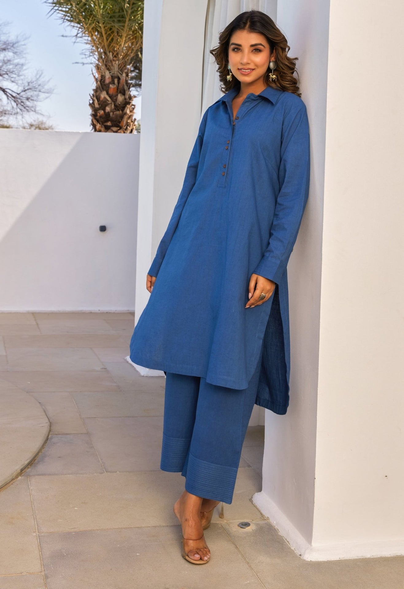 Blue Cotton Slub Solid Coord Set - Tara - C - Tara