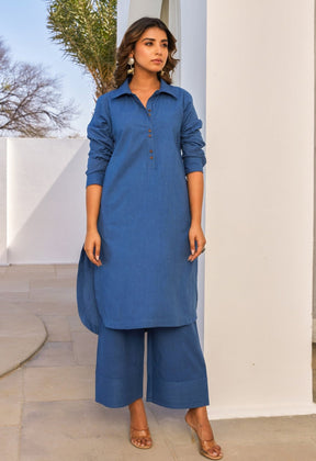 Blue Cotton Slub Solid Coord Set - Tara - C - Tara