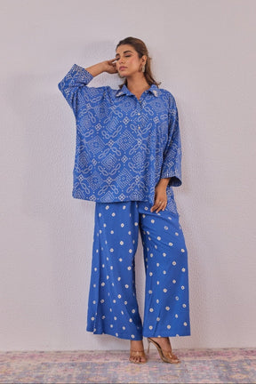 Blue Embroidered Bandhej Printed Coord Set With Palazzo Pant - Tara - C - Tara