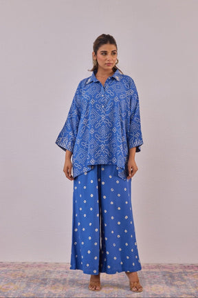 Blue Embroidered Bandhej Printed Coord Set With Palazzo Pant - Tara - C - Tara