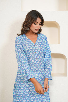 Blue Floral Buti Hand Block Floral Printed Long Kurta - Tara - C - Tara