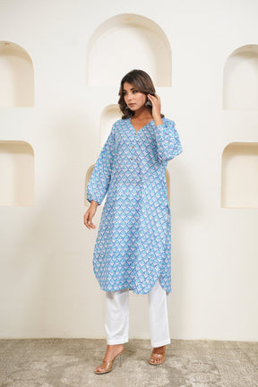 Blue Floral Buti Hand Block Floral Printed Long Kurta - Tara - C - Tara