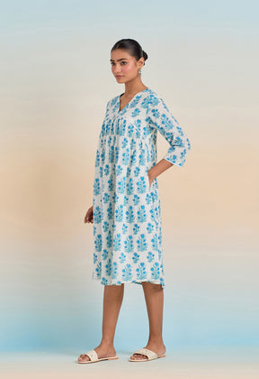 Blue Floral hand block buti printed tunic dress - Tara-C-Tara