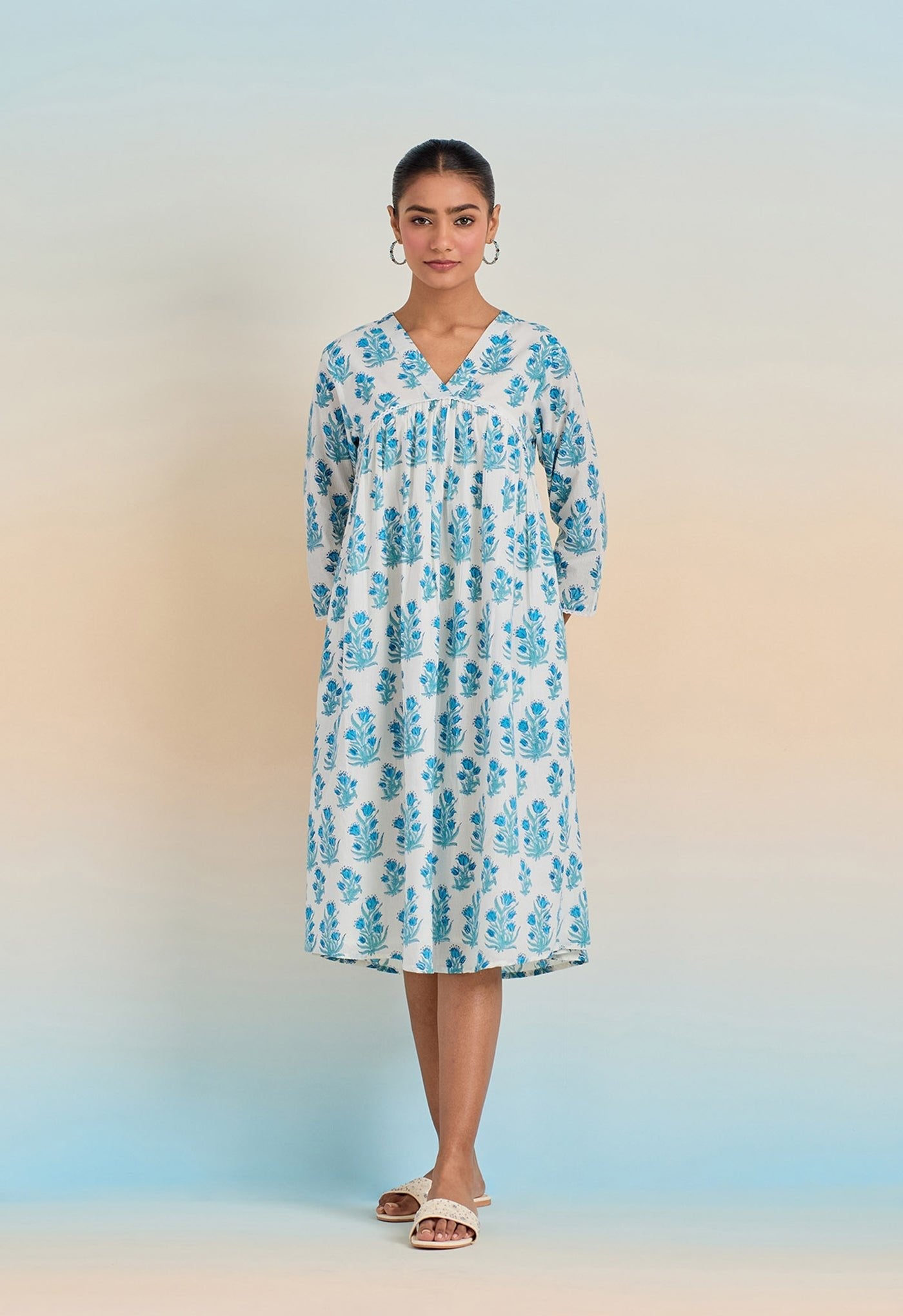 Blue Floral hand block buti printed tunic dress - Tara-C-Tara