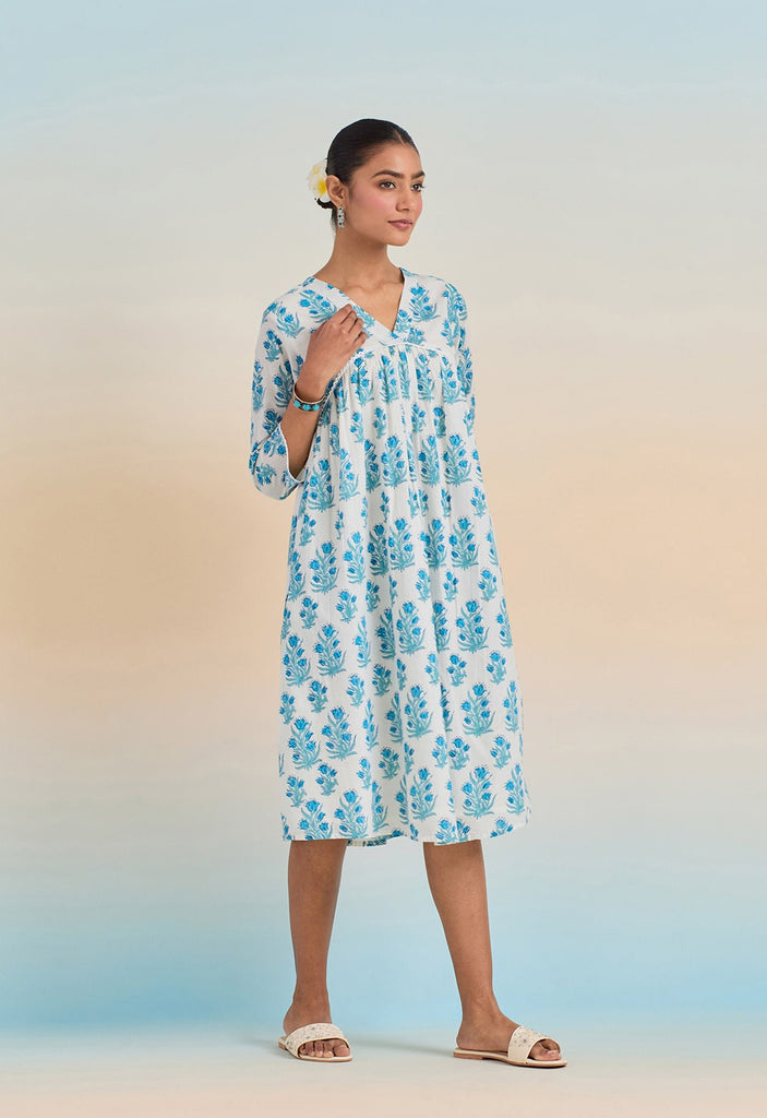 Blue Floral hand block buti printed tunic dress - Tara-C-Tara