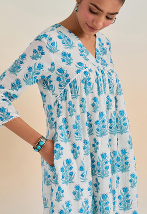 Blue Floral hand block buti printed tunic dress - Tara-C-Tara