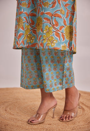 Blue Floral Hand Block Printed Coord Set - Tara - C - Tara