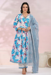 BLUE FLORAL KURTA SET WITH DORIYA DUPATTA AND PANTS - Tara-C-Tara