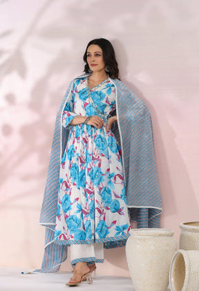 BLUE FLORAL KURTA SET WITH DORIYA DUPATTA AND PANTS - Tara-C-Tara