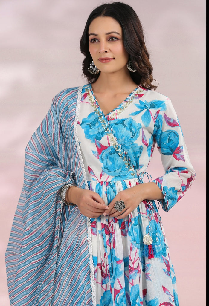 BLUE FLORAL KURTA SET WITH DORIYA DUPATTA AND PANTS - Tara-C-Tara