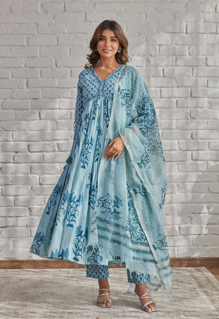 Blue Floral Printed Hand Block Printed Cotton kurta set with Dupatta - Tara-C-Tara