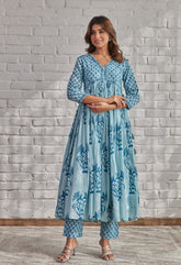 Blue Floral Printed Hand Block Printed Cotton kurta set with Dupatta - Tara-C-Tara