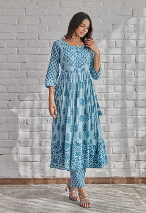 BLUE HAND BLOCK PRINTED ANARKALI WITH DORIYA DUPATTA - Tara-C-Tara