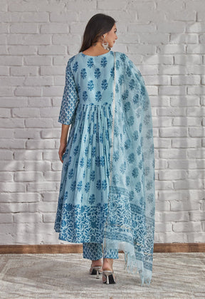 BLUE HAND BLOCK PRINTED ANARKALI WITH DORIYA DUPATTA - Tara-C-Tara