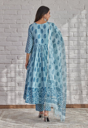 BLUE HAND BLOCK PRINTED ANARKALI WITH DORIYA DUPATTA - Tara-C-Tara