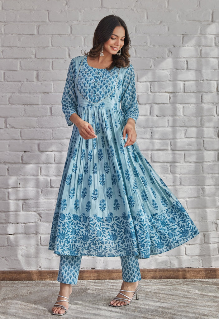 BLUE HAND BLOCK PRINTED ANARKALI WITH DORIYA DUPATTA - Tara-C-Tara