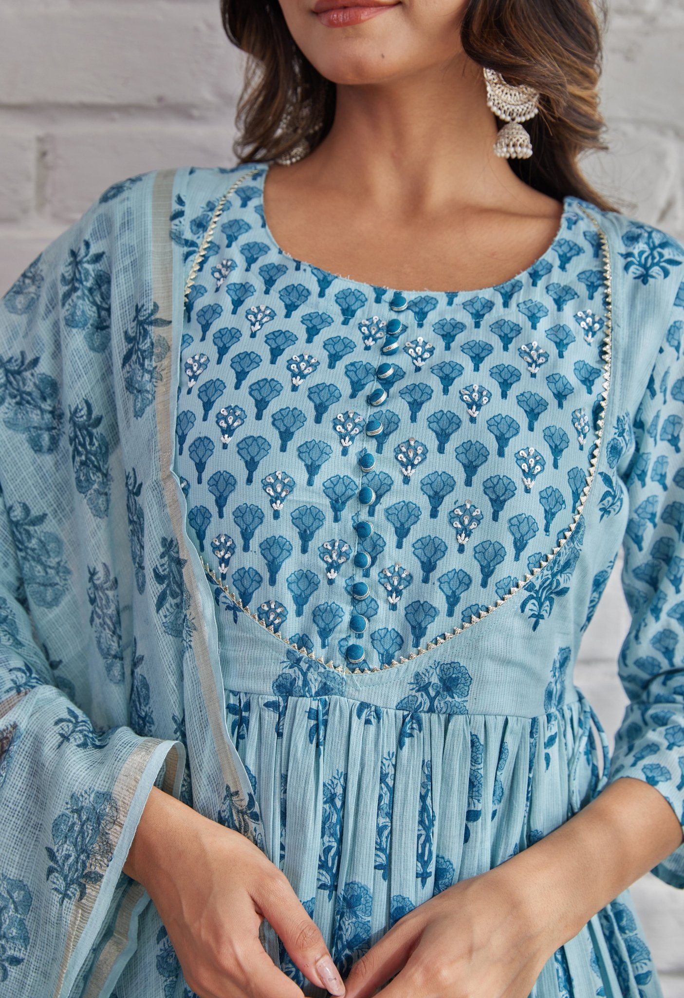 BLUE HAND BLOCK PRINTED ANARKALI WITH DORIYA DUPATTA - Tara-C-Tara