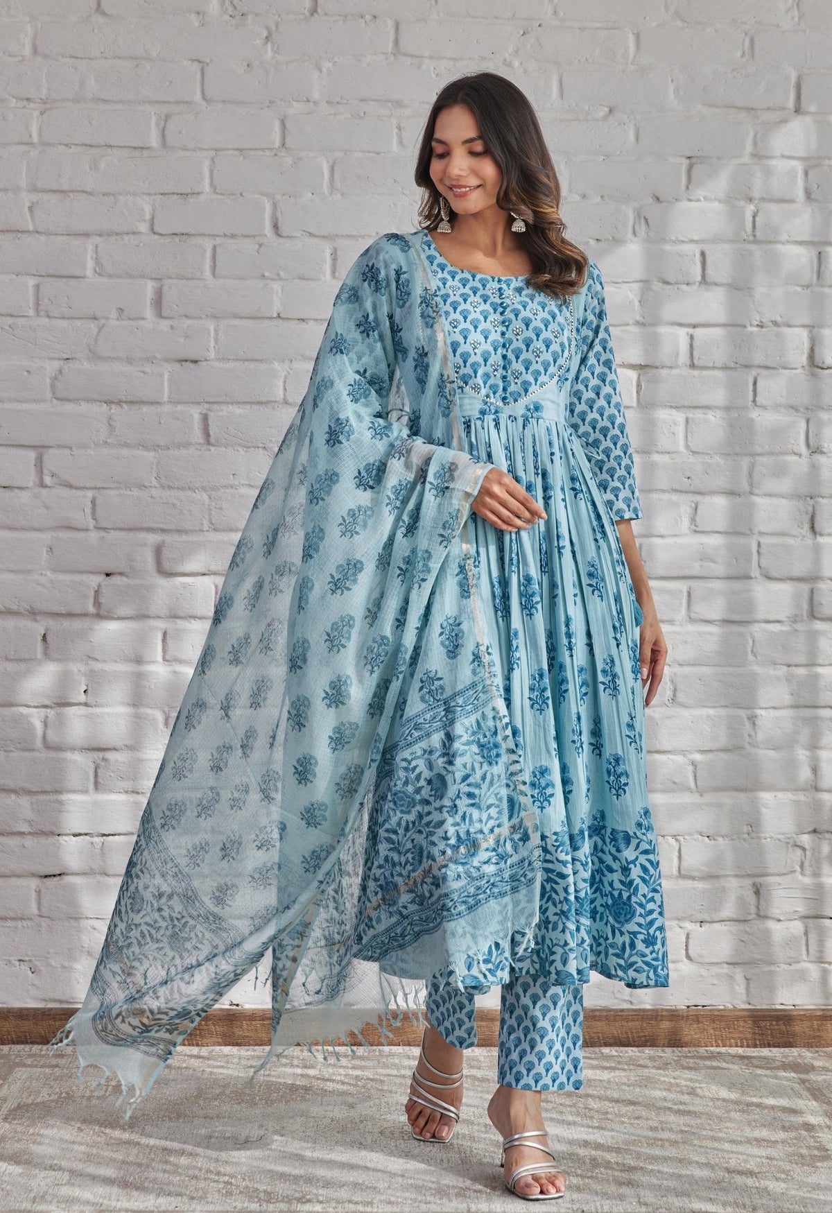 BLUE HAND BLOCK PRINTED ANARKALI WITH DORIYA DUPATTA - Tara-C-Tara