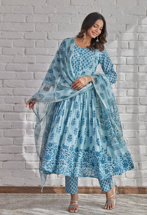 BLUE HAND BLOCK PRINTED ANARKALI WITH DORIYA DUPATTA - Tara-C-Tara