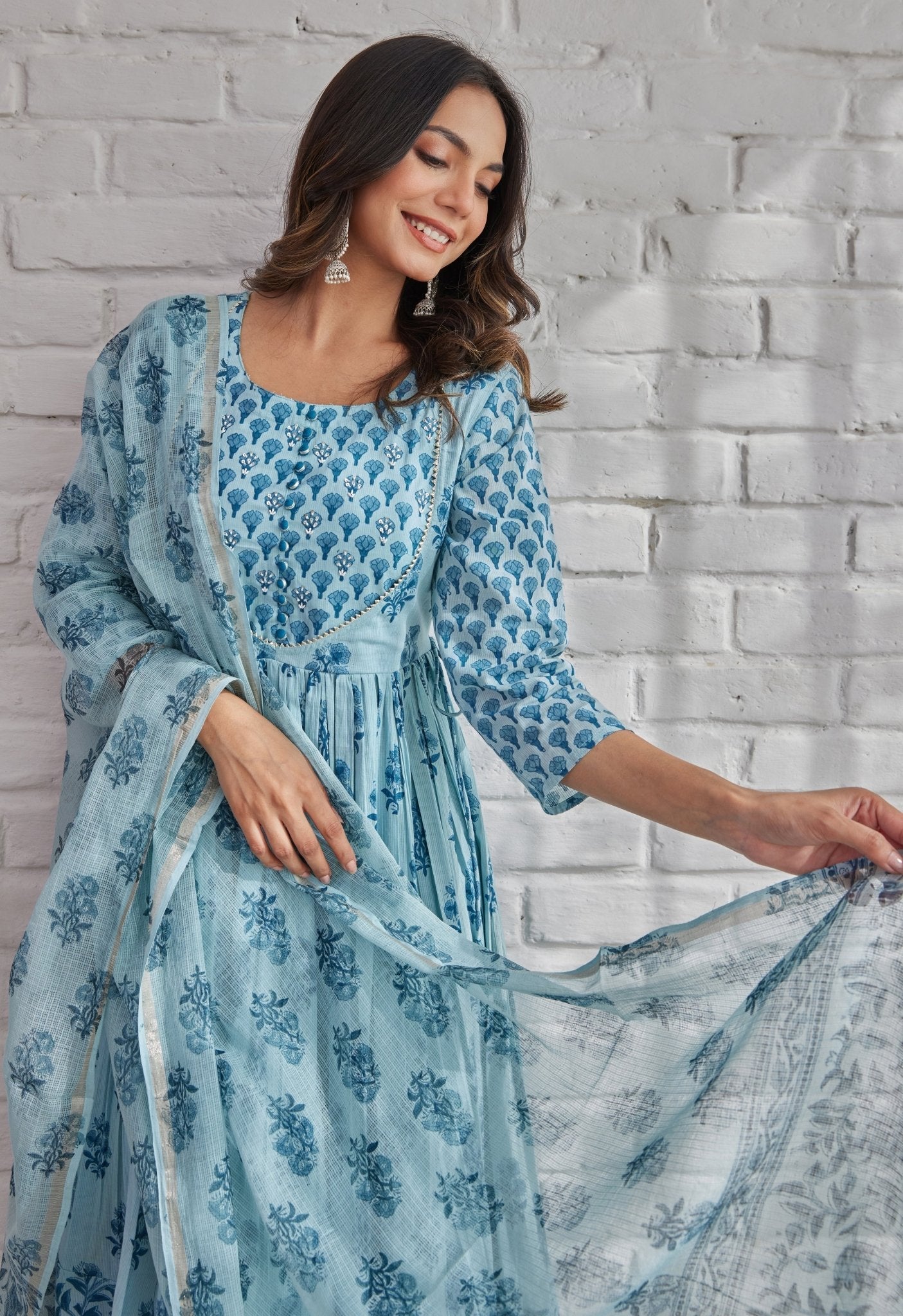 BLUE HAND BLOCK PRINTED ANARKALI WITH DORIYA DUPATTA - Tara-C-Tara