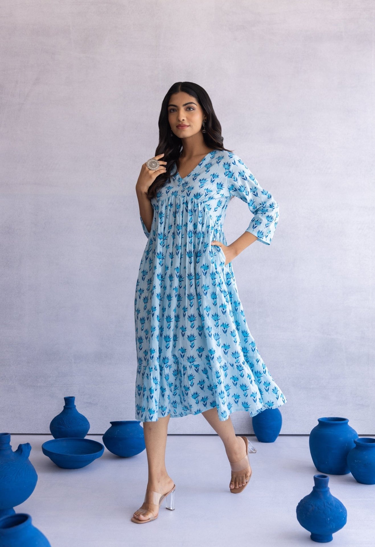 BLUE HAND BLOCK PRINTED FLORAL DRESS - Tara - C - Tara