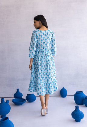 BLUE HAND BLOCK PRINTED FLORAL DRESS - Tara - C - Tara