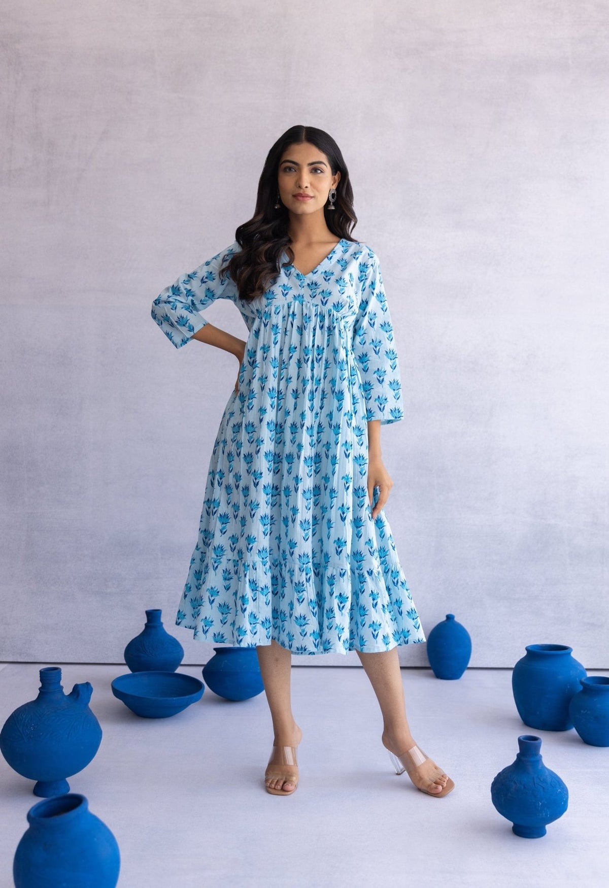 BLUE HAND BLOCK PRINTED FLORAL DRESS - Tara - C - Tara