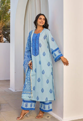Blue Hand Block Printed Kurta Set With Dupatta - Tara - C - Tara