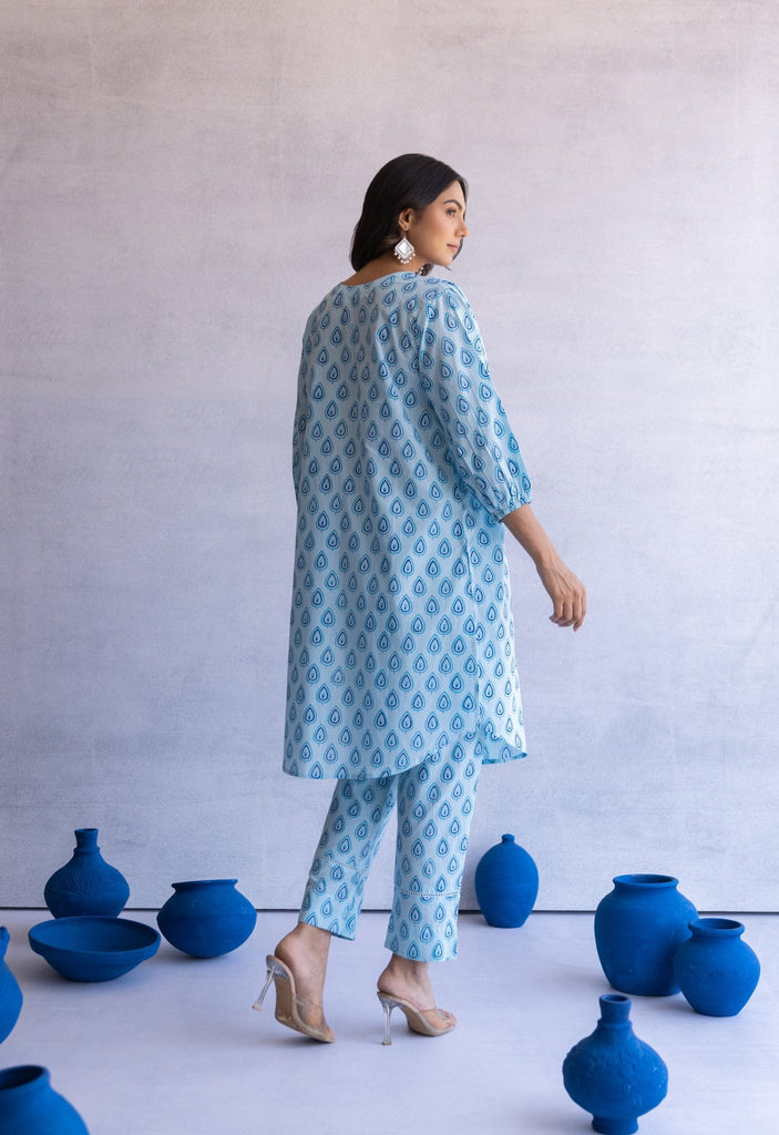 BLUE HAND BLOCK PRINTED PAN BUTI COORD SET - Tara - C - Tara