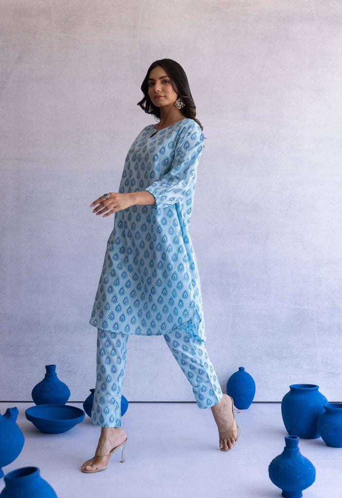 BLUE HAND BLOCK PRINTED PAN BUTI COORD SET - Tara - C - Tara